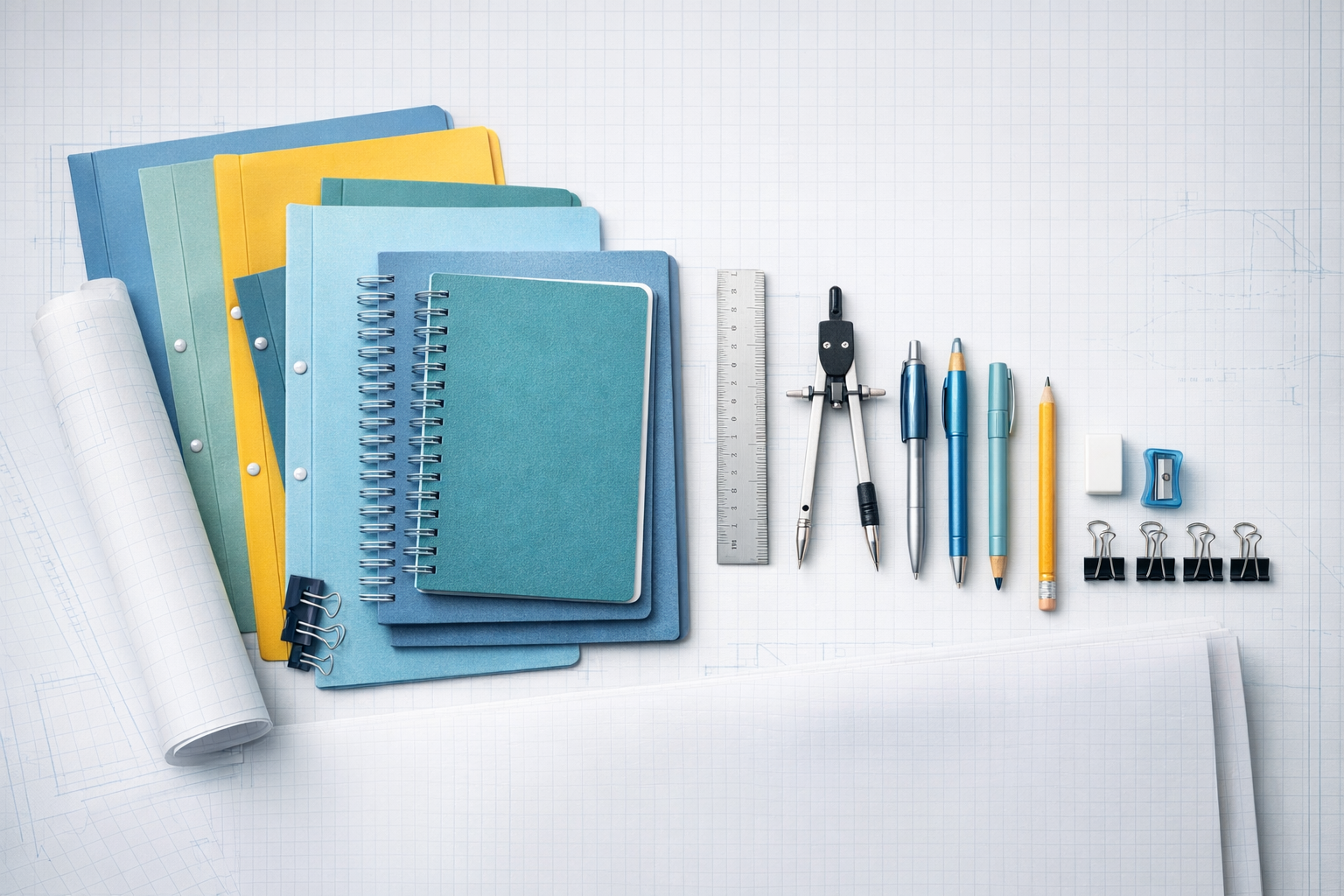 Notebooks, pens, pencils, eraser, sharpener, ruler, compass, folders, clips, and chart paper on a blueprint desk